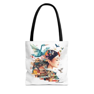 Origami Crane Tote Bag, Kawaii Art, Japanese Design, Kimono style, Unique Gift, Origami Lovers, Gift Bag, Shopping Bag, Japanese Style Tote,
