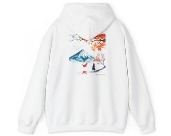 May include: White hoodie featuring a watercolor design of a mountain, red origami cranes, and a figure under a tree. The design includes autumn leaves and the text "Flying From Spring".