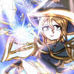 Hechicera de anime encantadora con bastón resplandeciente - Arte digital personalizado / Bruja / Mágico / Noche estrellada / Ilustración de anime / Descarga instantánea