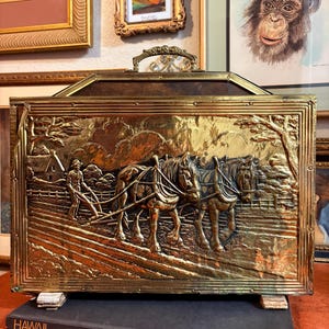 Antique Brass-Plated Magazine Rack – Embossed Horses & Plow Farm Scene