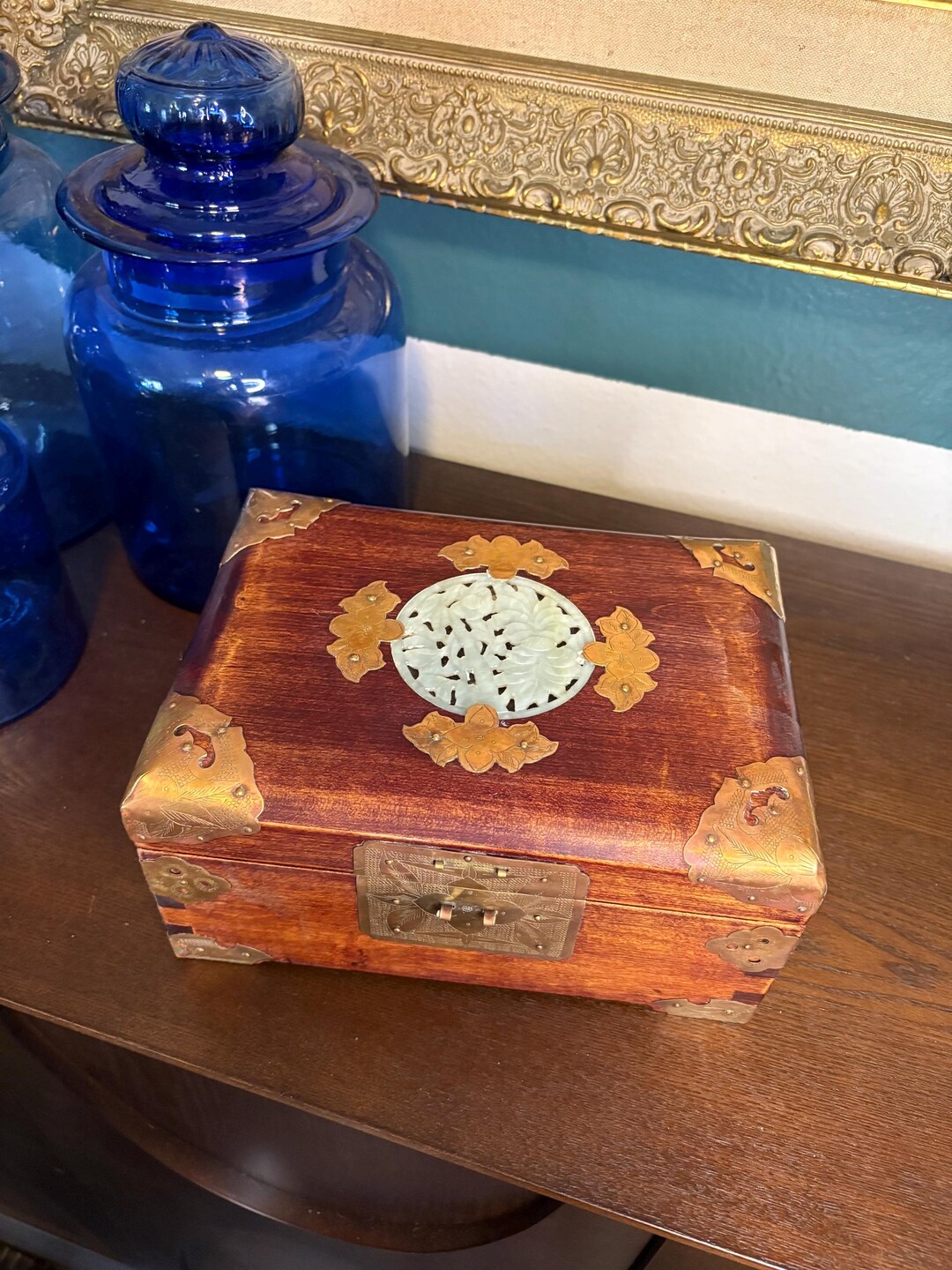 Vintage Asian Likely Rosewood Jewelry Box With Carved Jade Medallion ...