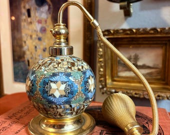 Vintage Enamel Perfume Atomizer | Brass Base | Mosaic Glass Detail | Art Deco Vanity Decor