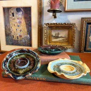 Set of 3 Vintage Handmade Ceramic & Glass Candleholders – Mid Century Drip Glaze Pottery