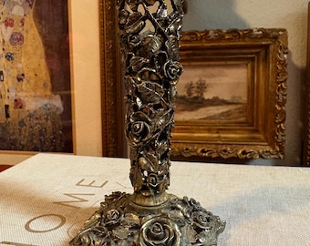 Vintage Matson 24K Gold-Plated Filigree Holder – Rose Design – Pen Holder, Bud Vase, or Taper Candle Holder