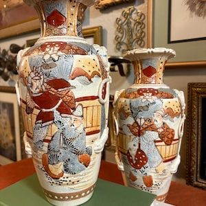 Antique 19th Century Japanese Moriage Satsuma Vases – Pair of 12” Meiji Era Kyoto Pottery