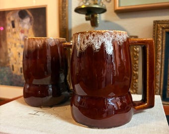 Pair of Vintage Drip Glaze Ceramic Mugs – Large Retro Pottery with Unique Square Handles