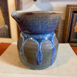Vintage Handmade Studio Pottery Pitcher | Drip Glaze | Earth Tone Blue & Green