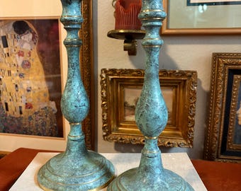 Vintage Greek Brass Candlesticks with Aged Green Patina – Set of 2 Classical Taper Holders