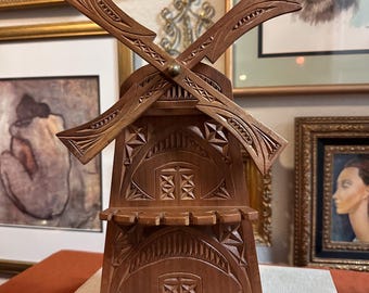 Vintage Hand-Carved Wood Windmill & Spoon Holder