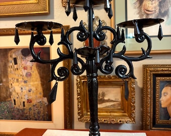 Vintage Black Metal 3-Arm Candelabra with Dangling Prisms – Gothic Baroque Candle Holder