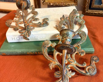 Pair of Antique Wrought Iron Wall Sconce Candle Holders – Ornate Scroll Design with Aged Patina, Rustic French Revival Decor