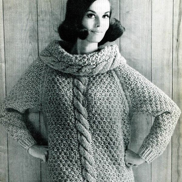 Vintage 1960s Knitting Pattern Bear Cable Knit Cowl Neck Sweater Women's PDF