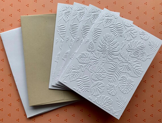 Set of 4 Tropical Embossed Cards W Envelopes, Thick Bright White Card Stock  