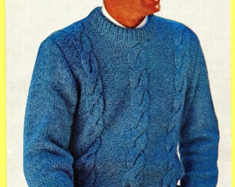 1968 Vintage hombres cable punto suéter patrón de tejido formato PDF