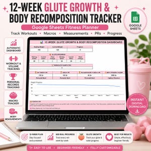 Op de afbeelding: Een 12-weken fitnessplanner voor bilspiergroei en lichaamsrecompositie op een laptopscherm. De digitale planner bevat tabellen voor gewicht, lichaamsmaten, trainingslogs en persoonlijke records, inclusief een voortgangsgrafiek.