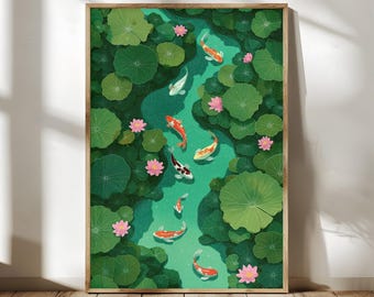 Japanese Koi Fish Pond Wall Art, Lotus Lily Pads Print, Asian Inspired Zen Decor