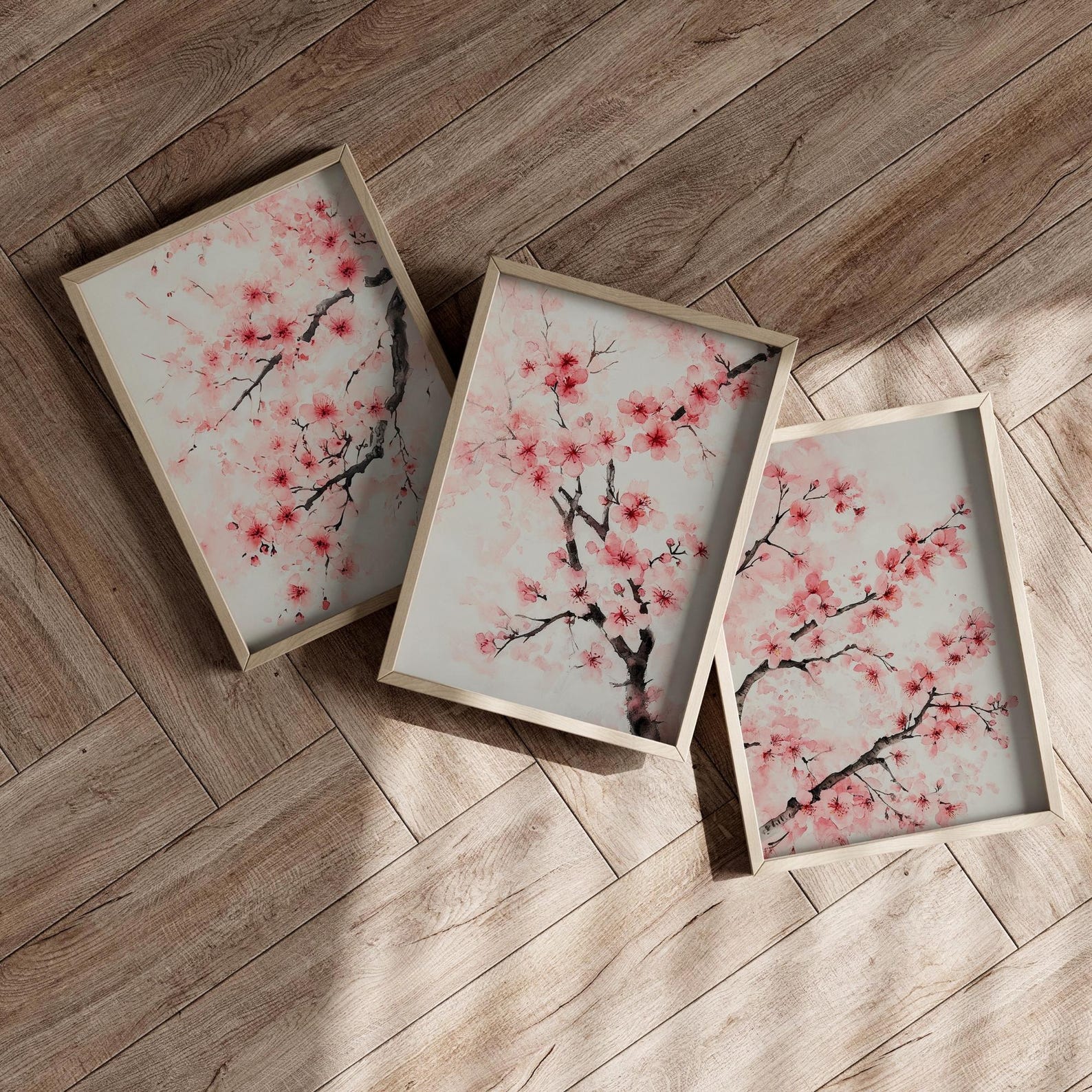 Cherry Blossom Wall Art: Watercolor Sakura Set of 3 Prints, Japandi ...