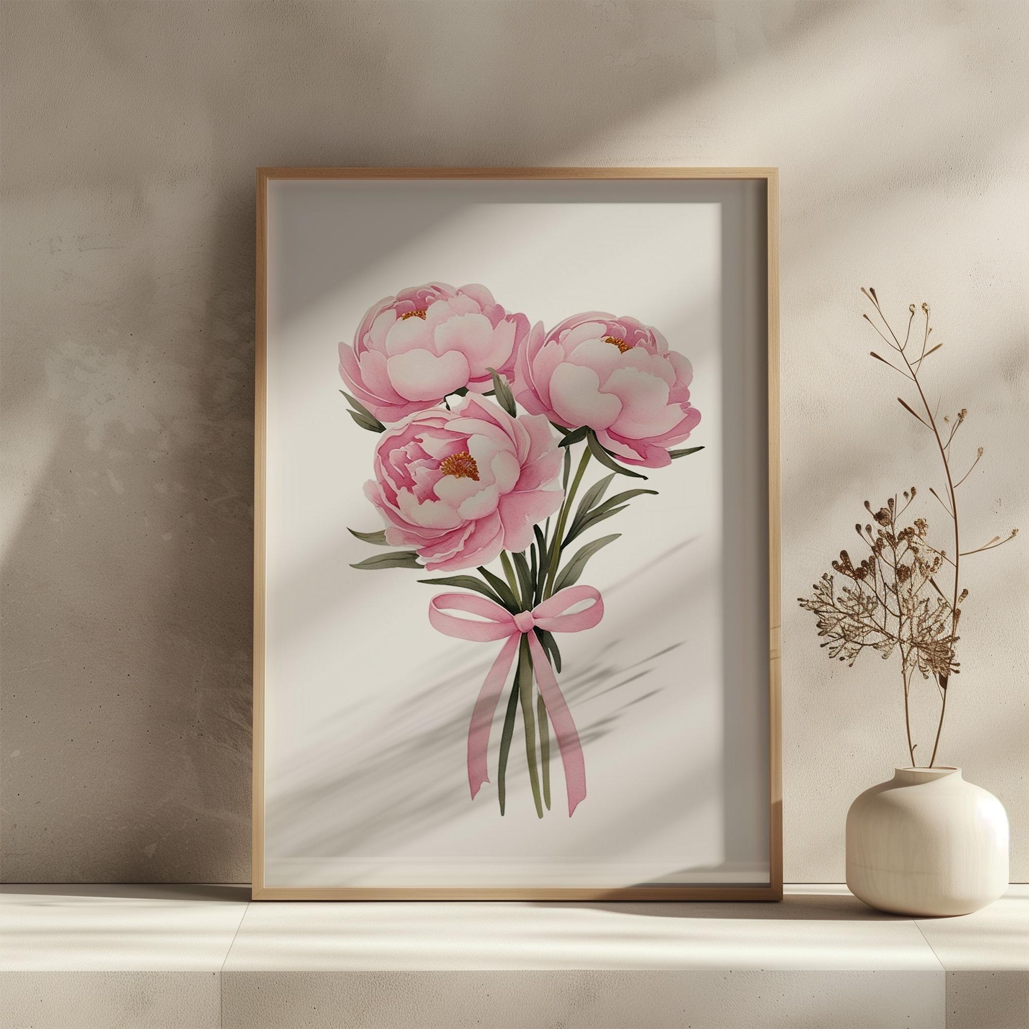 Pink Peony Floral Wall Art: Minimalist Coquette Bow Watercolor Print ...