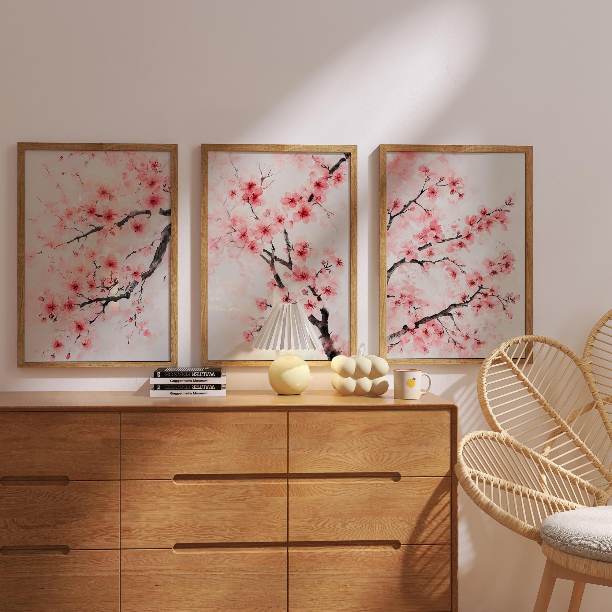 Cherry Blossom Wall Art: Watercolor Sakura Set of 3 Prints, Japandi ...