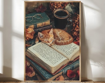 Poster van een slapende oranje cyperse kat, gezellige muurdecoratie voor een leeshoekje, warme cottagecore-stijl, print voor boekenliefhebbers (digitale download)