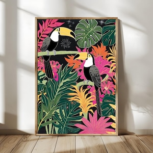 Impresión colorida de aves de la jungla, arte de pared de selva tropical botánica, póster de ilustración de aves exóticas, decoración de animales de safari maximalista, impresión vibrante de la naturaleza