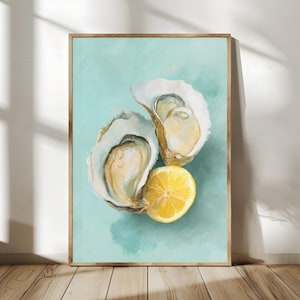 Oyster Kitchen Print Modern Coastal Wall Art Lemon Still Life Green Food Poster Decor
