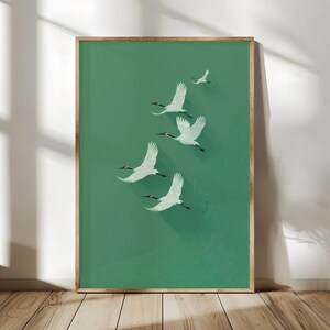 Japandi Crane Wall Art: Sage Green Wabi Sabi Zen Decor, Earthy Neutral Bird Print