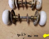 2 pair unusuall patented white porcelain door knobs with brass shafts and rosettes antique architectural