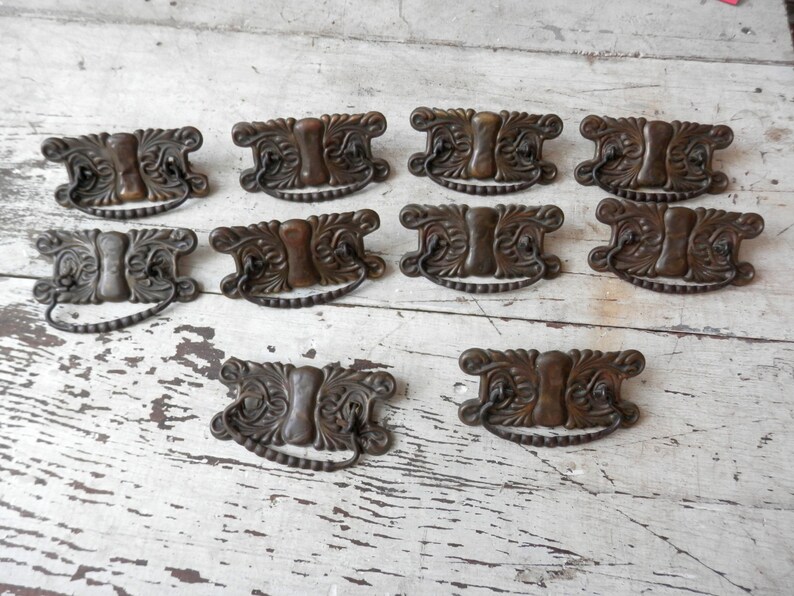 Ten 10 complete matching antique stamped brass drawer pulls Etsy