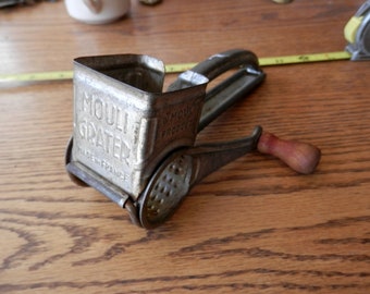 vintage Mouli Grater, kitchen gadget antique red wood handle, Made in France