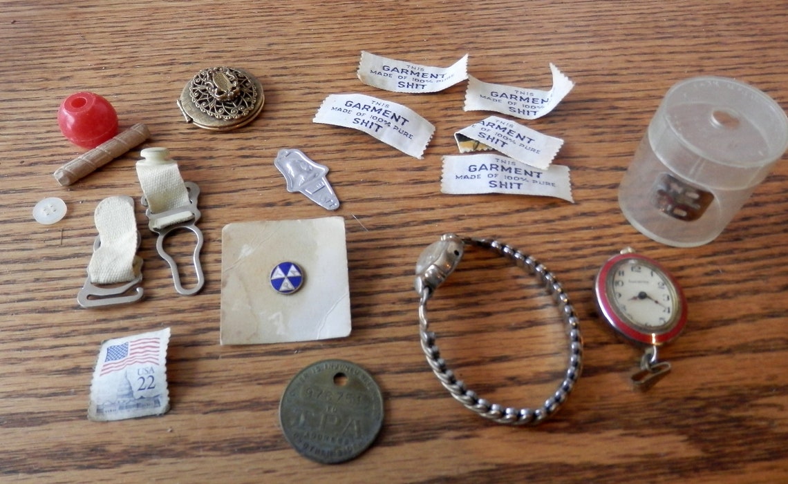 Vintage button box with 14 wood thread bobbins and Mildred Etsy