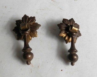Pair (2) antique cast brass metal tear drop pulls vintage