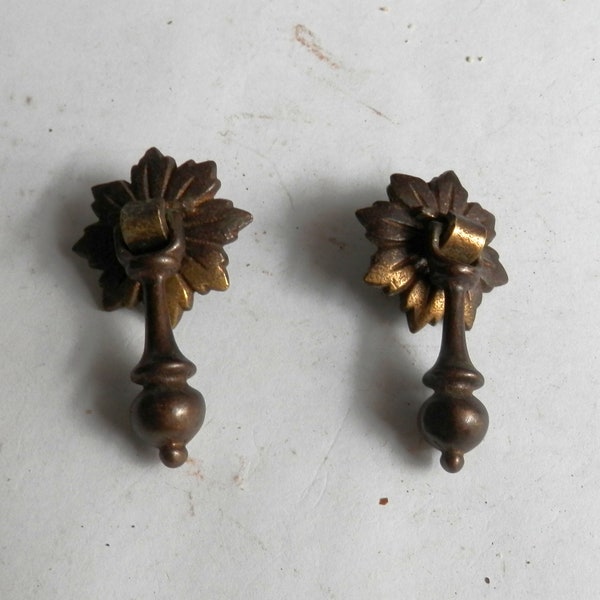 Pair (2) antique cast brass metal tear drop pulls vintage