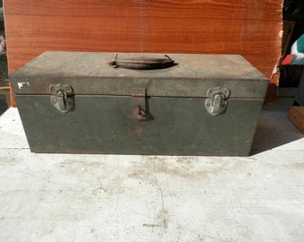 antique metal tool box with lift out tray, green paint, leather handle vintage