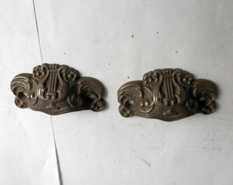 pair (2) antique cast iron bin pulls "Harp" 2 1/8" centers vintage