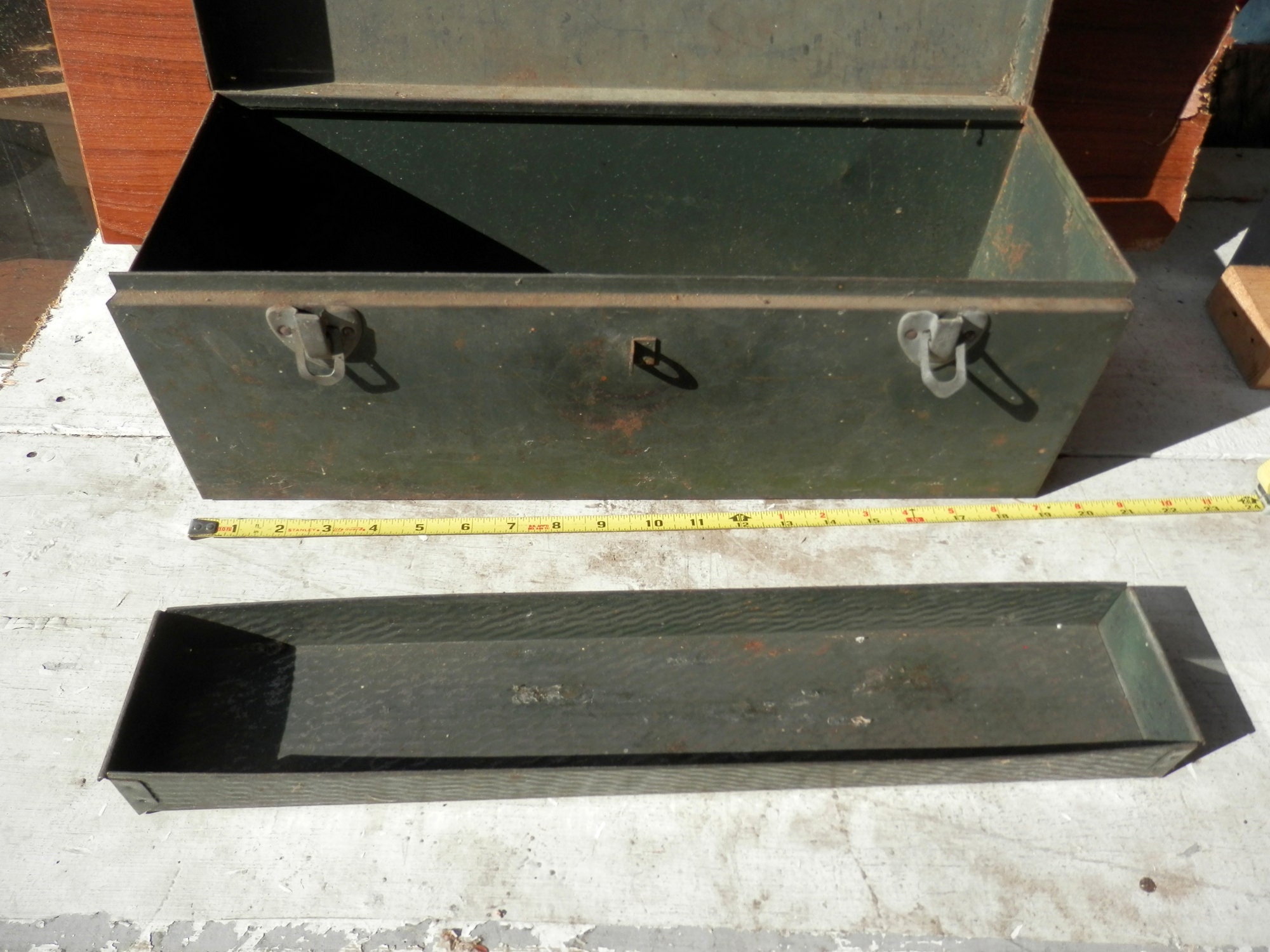 Antique Metal Tool Box With Lift Out Tray, Green Paint, Leather
