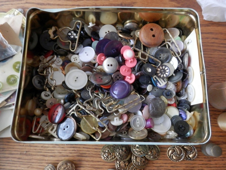 Vintage button box with 14 wood thread bobbins and Mildred Etsy