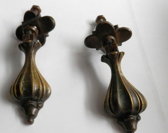 Pair (2) antique cast brass metal teardrop pulls vintage