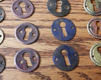 antique 3/4", 13/16", 7/8", 15/16", 1", 1 1/16", 1 1/4",  1 5/16", plain or knurled edge key hole escutcheons, brass vintage originals