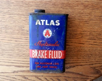 Atlas Hydraulic brake fluid can vintage empty auto trucks man cave garage