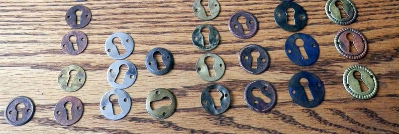 1 1516 brass or nickle vintage originals plain or knurled edge key hole escutcheons antique 34 1316 1 116 78