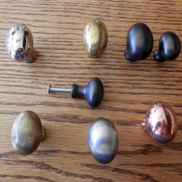 solid brass oval knobs in 2 sizes in 5 finishes, polished brass-nickle or copper, brushed nickle, oil rubbed bronze