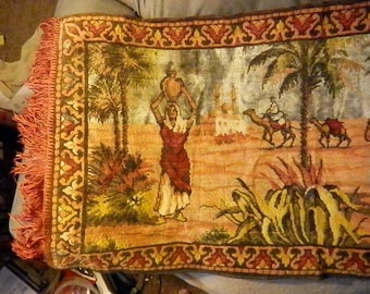 antique tapestry dessert dwellers, camels, people, water spring, 21 1/2" X 41" + fringe