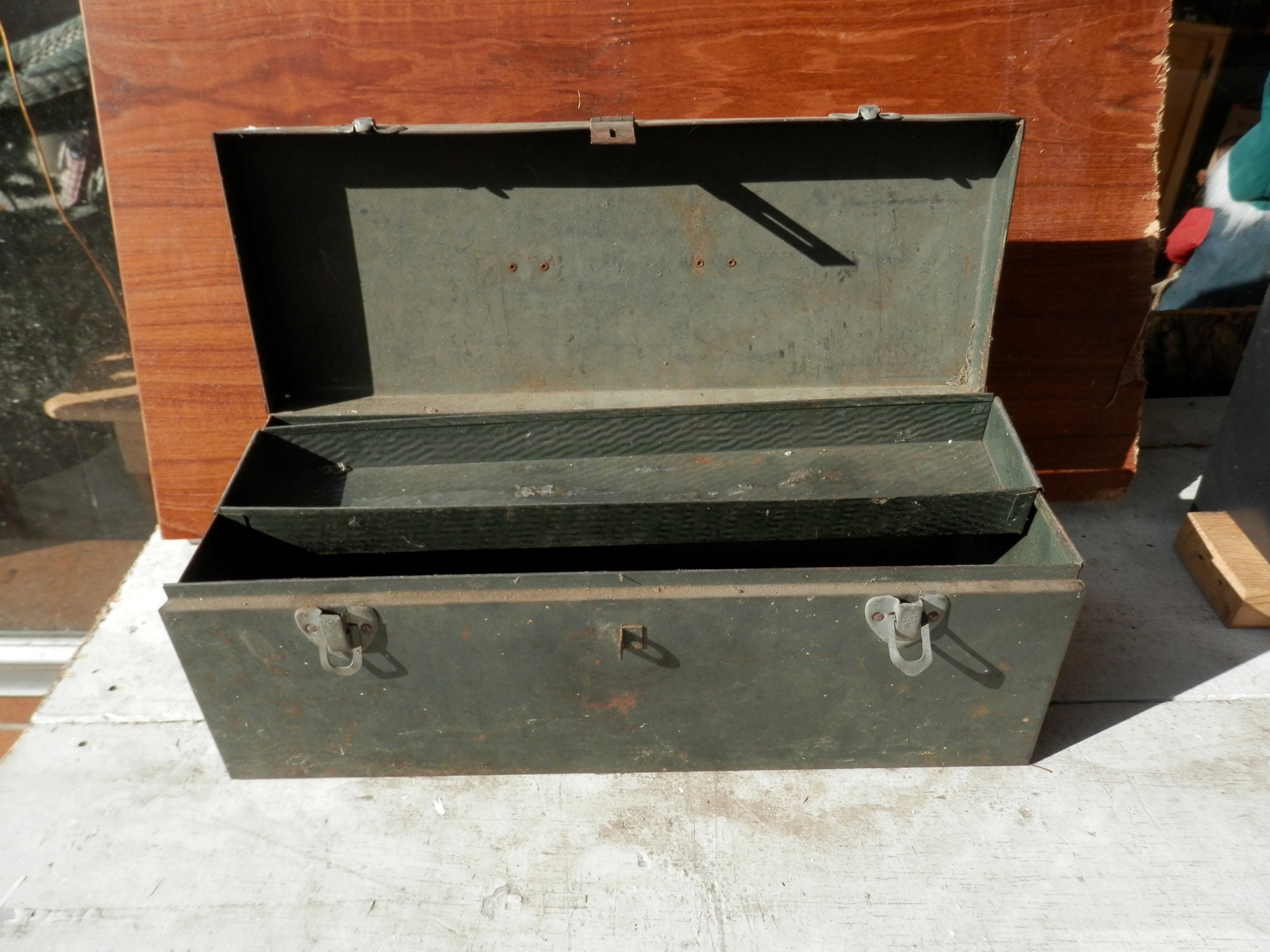 Antique Metal Tool Box With Lift Out Tray, Green Paint, Leather
