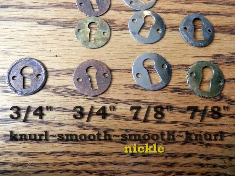1 1516 brass or nickle vintage originals plain or knurled edge key hole escutcheons antique 34 1316 1 116 78