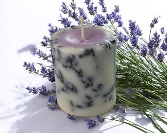 Dry Flower Votive Candle: Botanical Pillar, Lavender Scent - Thank You Gift