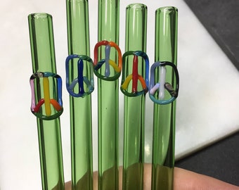 Glass Straw with Multicolor Peace Sign