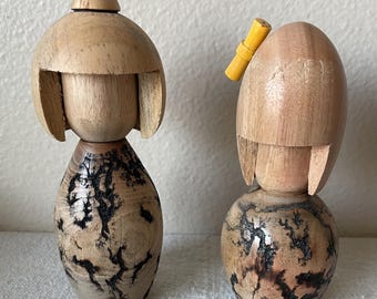 Handmade Wooden Kokeshi Dolls: Traditional Japanese Decor, Set of 2