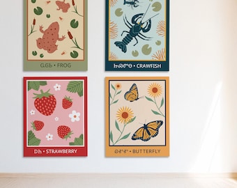 Stampe artistiche in lingua Cherokee – Download digitale / Impara le parole tsalagi per fragola, farfalla, rana e gambero