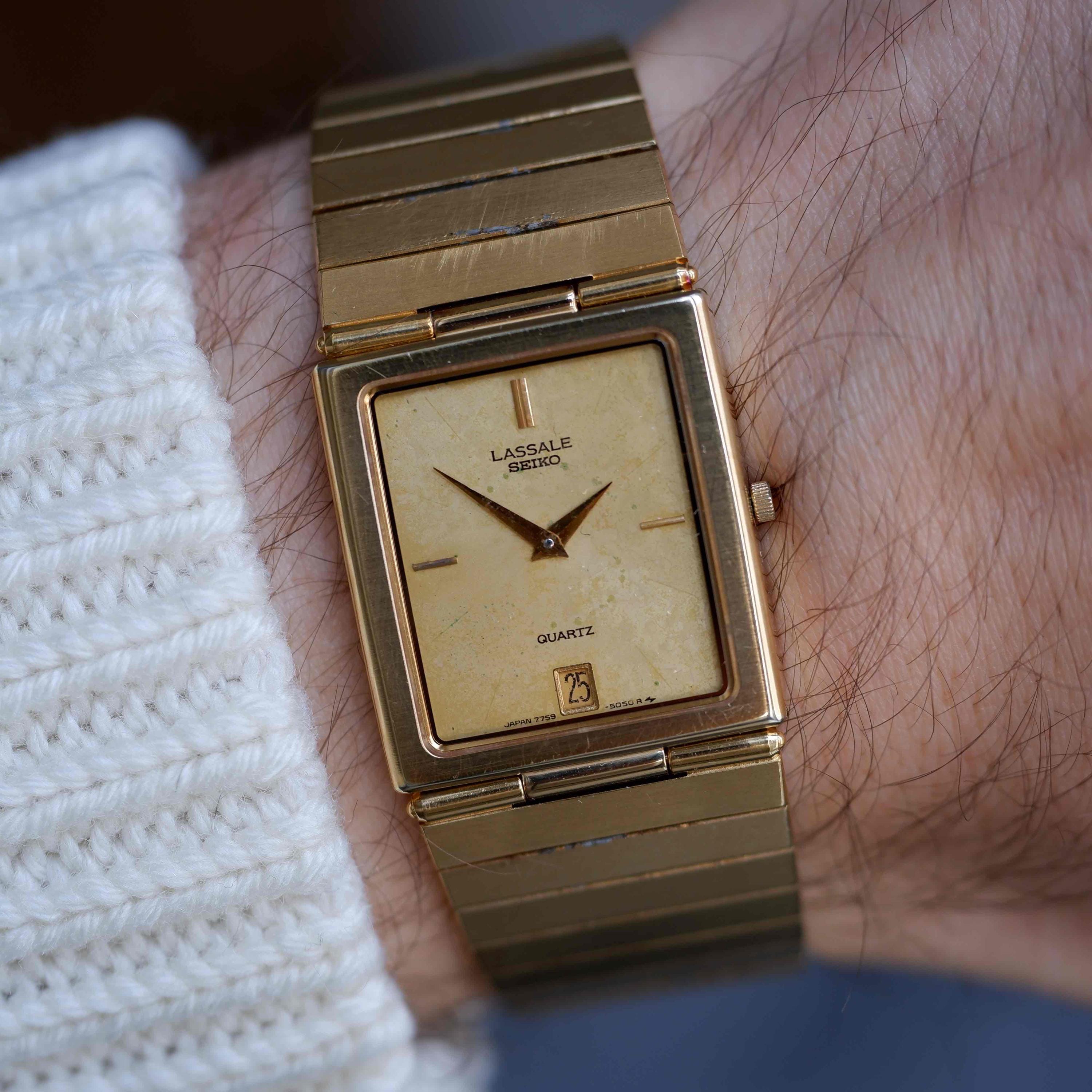 80s Vintage Seiko Lassale タンク ローマン デイト Vintage Seiko Lassale Tank 80s Gold Ivory Dial Integrated Bracelet
